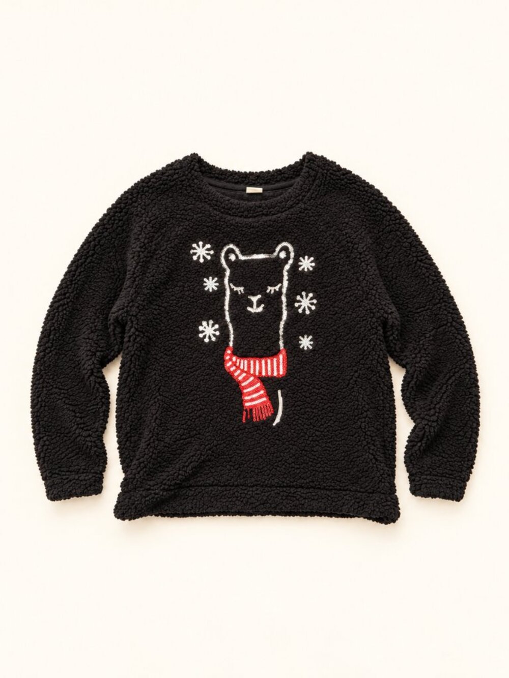 Black Fuzzy Sherpa Sweater with Sequin Llama & Red Scarf
